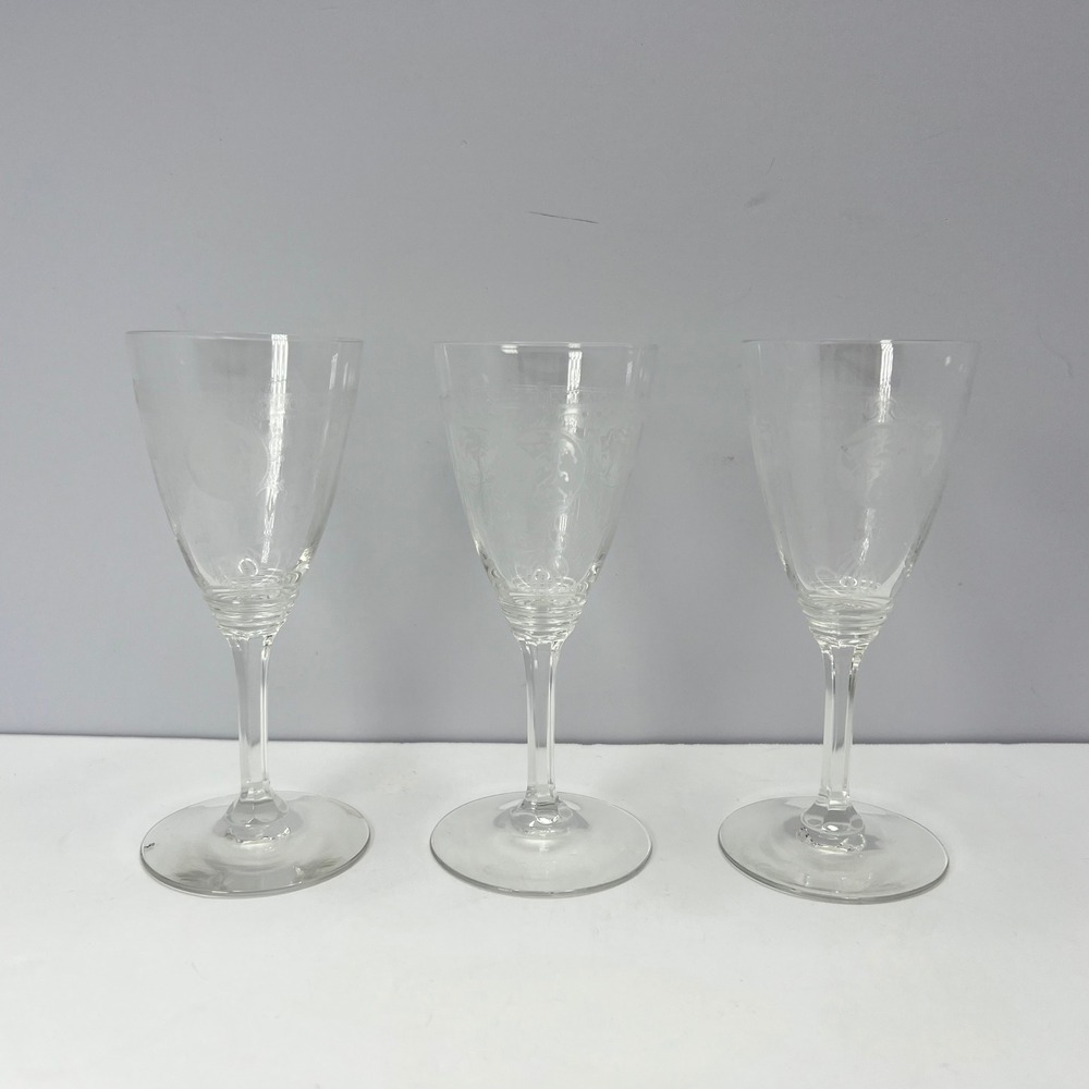 Rare Heisey Pied Piper Etched Crystal Wine Glasses 5 1/8" Set of 3 Antique